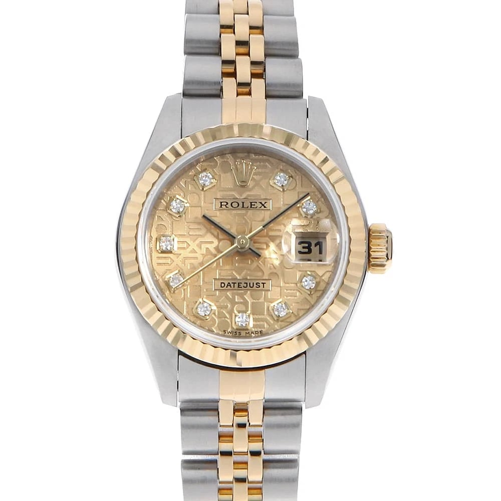 ROLEX DATEJUST 10P DIAMOND CHAMPAGNE WRIST WATCH: ROLEX Datejust 10P Diamond Champagne Wrist Watch Brand: ROLEX Type: Wrist watch Material: Band Material Stainless Steel/Yellow Gold, Case Material Stainless Steel/Yellow Gold Color: Champagne Gold