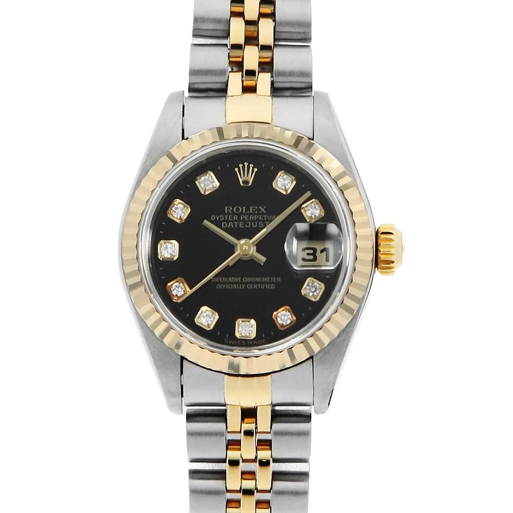 ROLEX DATEJUST DIAMOND BLACK WRIST WATCH: ROLEX Datejust Diamond black Wrist Watch Brand: ROLEX Type: Wrist watch Material: Band Material Stainless Steel/Yellow Gold, Case Material Stainless Steel Color: Black Size: Case:W26mm Circumferen