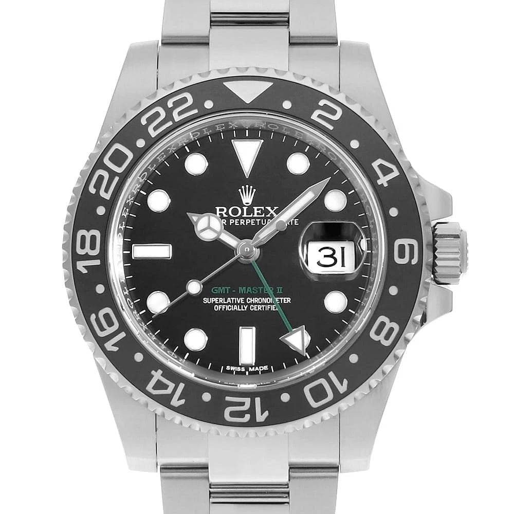 ROLEX GMT MASTER II BLACK SECOND HAND WRIST WATCH: ROLEX GMT Master II black second hand Wrist Watch Brand: ROLEX Type: Wrist watch Material: Band Material Stainless Steel, Case Material Stainless Steel Color: Black Size: Case:W40mm Circumference