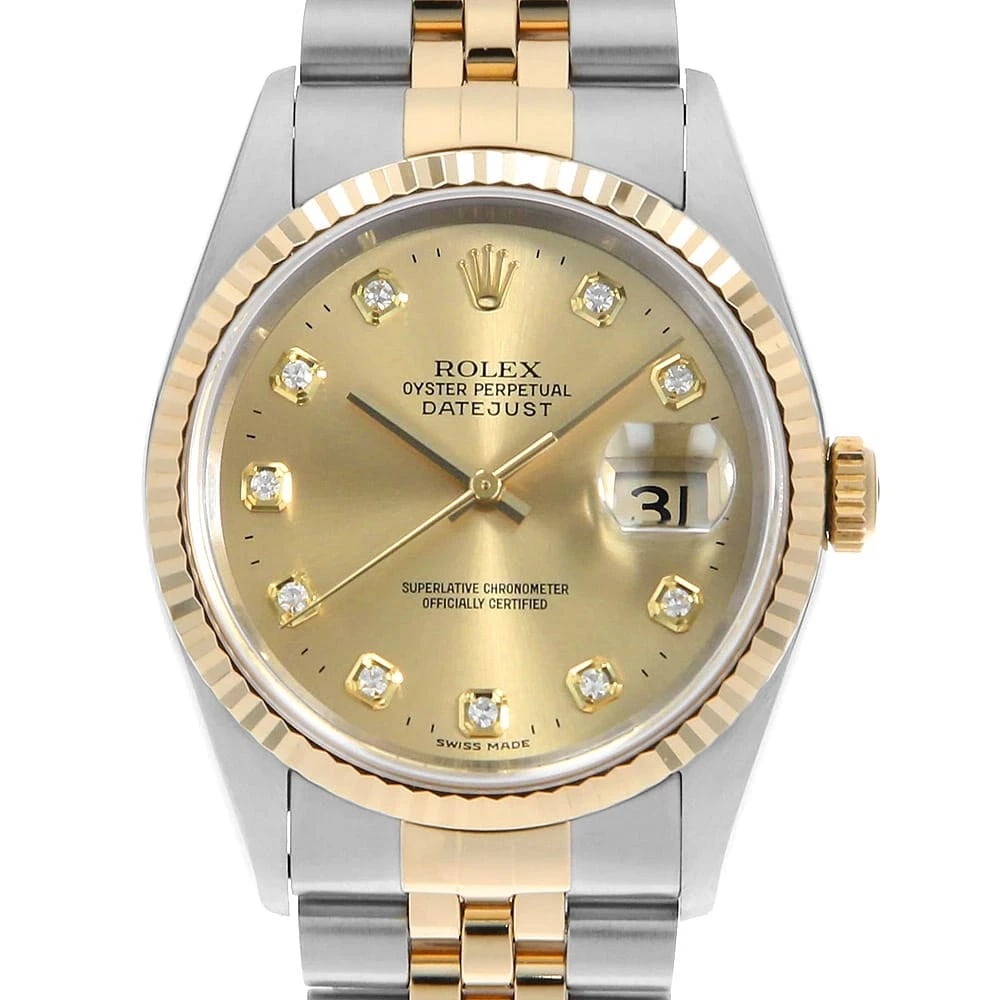 ROLEX DATEJUST 10P DIAMOND CHAMPAGNE WRIST WATCH: ROLEX Datejust 10P Diamond Champagne Wrist Watch Brand: ROLEX Type: Wrist watch Material: Band Material Stainless Steel/Yellow Gold, Case Material Stainless Steel/Yellow Gold Color: Champagne Gold
