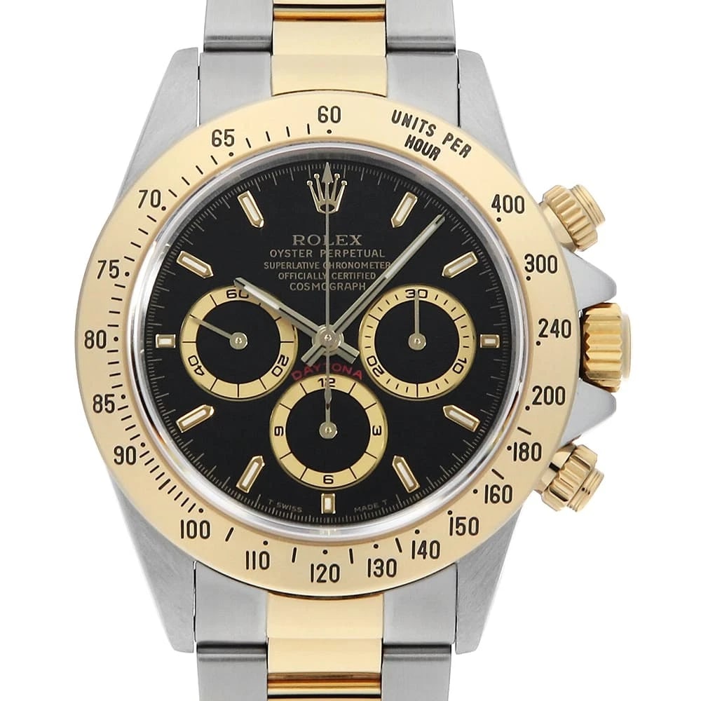 ROLEX COSMOGRAPH DAYTONA BLACK WRIST WATCH: ROLEX Cosmograph Daytona black Wrist Watch Brand: ROLEX Type: Wrist watch Material: Band Material Stainless Steel/Yellow Gold, Case Material Stainless Steel/Yellow Gold Color: Black Size: Case:W40