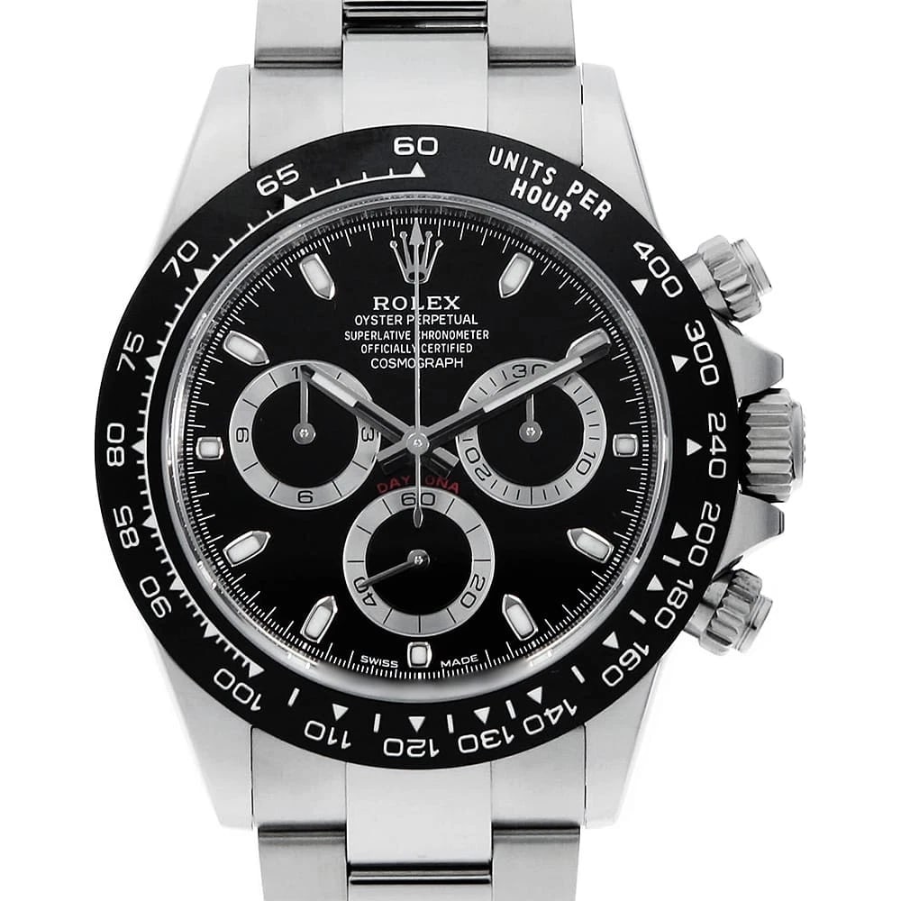 ROLEX COSMOGRAPH DAYTONA BLACK WRIST WATCH: ROLEX Cosmograph Daytona black Wrist Watch Brand: ROLEX Type: Wrist watch Material: Band Material Stainless Steel, Case Material Stainless Steel Color: Black Size: Case:W40mm Circumference of Wris