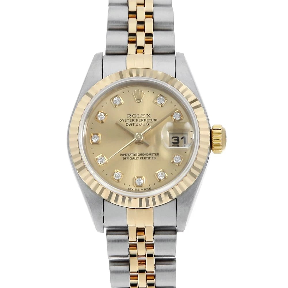 ROLEX DATEJUST 10P DIAMOND CHAMPAGNE WRIST WATCH: ROLEX Datejust 10P Diamond Champagne Wrist Watch Brand: ROLEX Type: Wrist watch Material: Band Material Stainless Steel/Yellow Gold, Case Material Stainless Steel/Yellow Gold Color: Champagne Gold