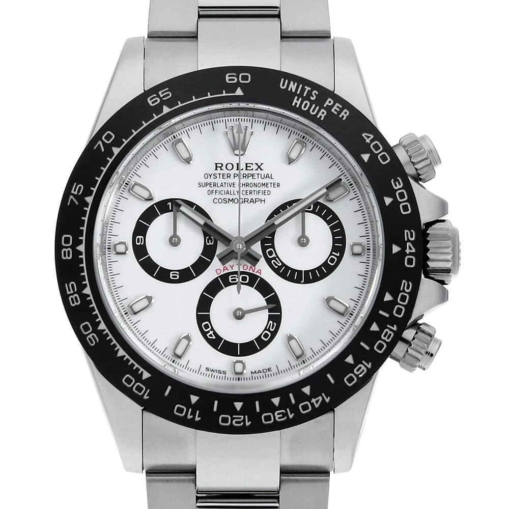 ROLEX COSMOGRAPH DAYTONA WHITE WRIST WATCH: ROLEX Cosmograph Daytona white Wrist Watch Brand: ROLEX Type: Wrist watch Material: Band Material Stainless Steel, Case Material Stainless Steel Color: White Size: Case:W40mm Circumference of Wris