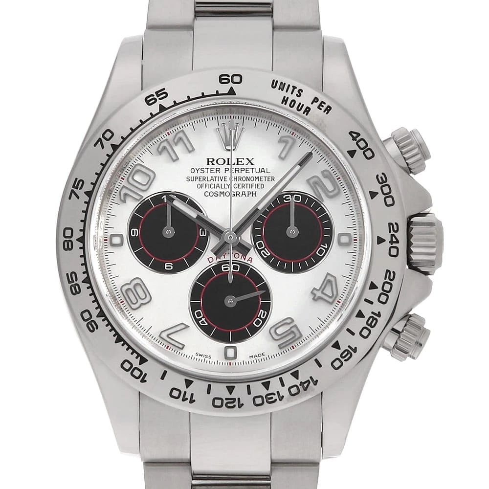 ROLEX COSMOGRAPH DAYTONA WHITE X BLACK ARABIAN WRIST WATCH: ROLEX Cosmograph Daytona White x black Arabian Wrist Watch Brand: ROLEX Type: Wrist watch Material: Band Material White Gold, Case Material White Gold Color: White and Black Size: Case:W40mm Circu