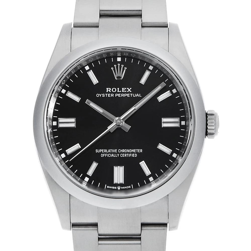 ROLEX OYSTER PERPETUAL BLACK WRIST WATCH: ROLEX Oyster Perpetual black Wrist Watch Brand: ROLEX Type: Wrist watch Material: Band Material Stainless Steel, Case Material Stainless Steel Color: Black Size: Case:W36mm Circumference of Wrist: