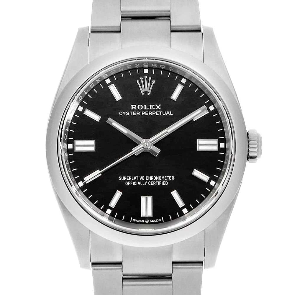 ROLEX OYSTER PERPETUAL BLACK WRIST WATCH: ROLEX Oyster Perpetual black Wrist Watch Brand: ROLEX Type: Wrist watch Material: Band Material Stainless Steel, Case Material Stainless Steel Color: Black Size: Case:W36mm Circumference of Wrist: