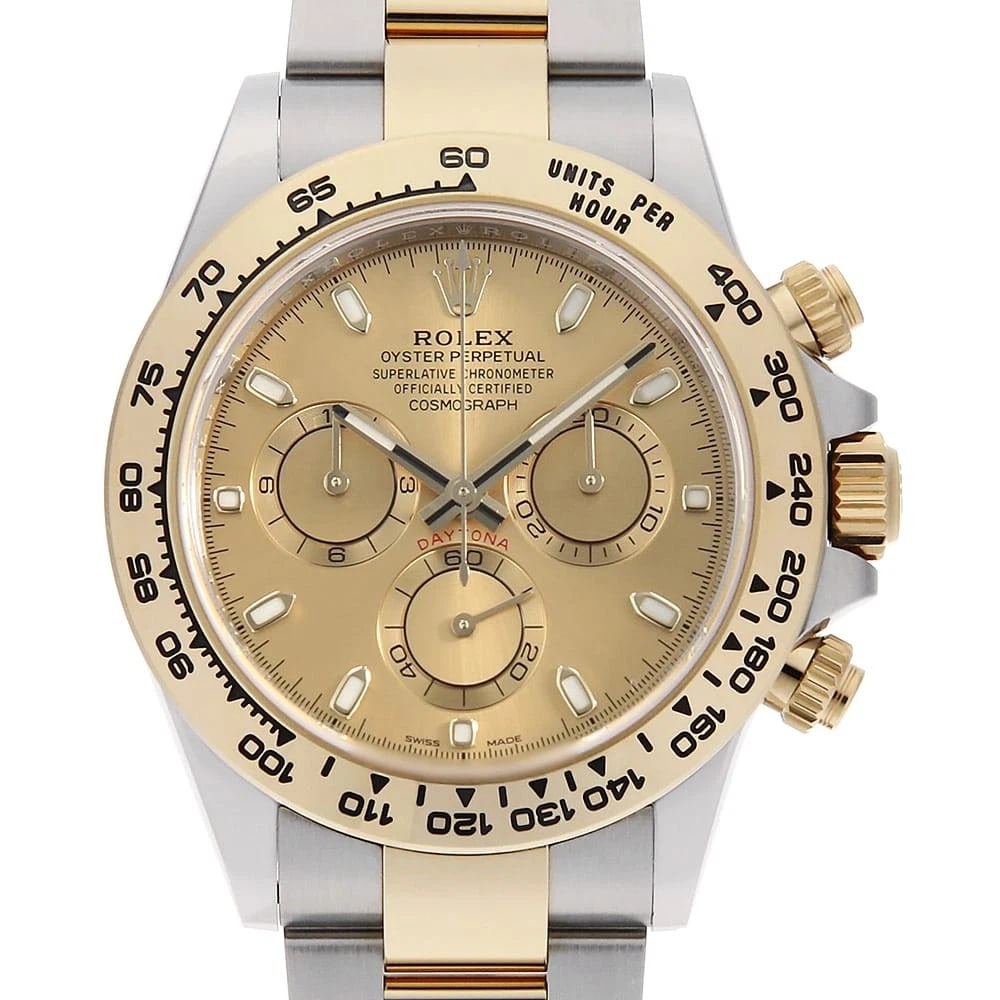 ROLEX COSMOGRAPH DAYTONA CHAMPAGNE WRIST WATCH: ROLEX Cosmograph Daytona Champagne Wrist Watch Brand: ROLEX Type: Wrist watch Material: Band Material Stainless Steel/Yellow Gold, Case Material Stainless Steel/Yellow Gold Color: Champagne Gold S