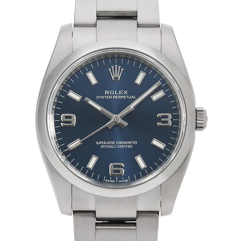 ROLEX OYSTER PERPETUAL BLUE WHITE BAR SECOND HAND WRIST WATCH: ROLEX Oyster perpetual blue white bar second hand Wrist Watch Brand: ROLEX Type: Wrist watch Material: Band Material Stainless Steel, Case Material Stainless Steel Color: Blue Size: Case:W34mm