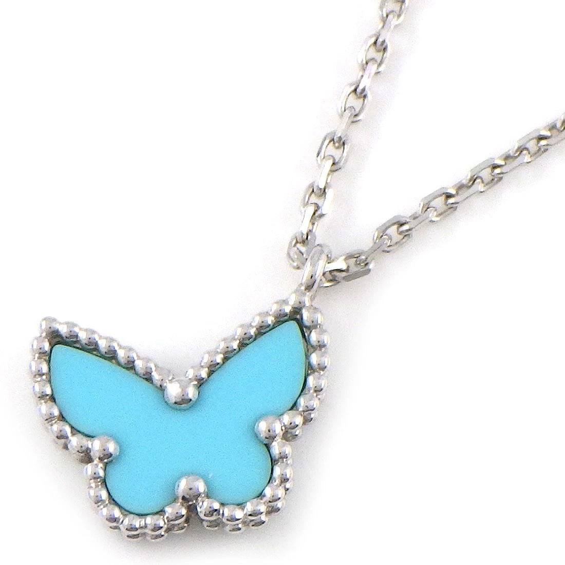 VAN CLEEF & ARPELS NECKLACE BUTTERFLY TURQUOISE 750WG: Van Cleef & Arpels Necklace Butterfly Turquoise 750WG Brand: Van Cleef & Arpels Type/Style: Necklace Material: Metal Purity 18k, Metal White Gold, Color: Gold Size: Chain Length : 14.76" & 15.55"(