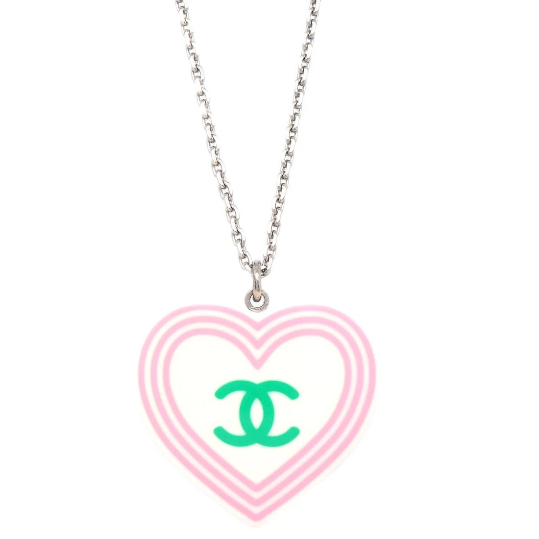CHANEL HEART CHAIN NECKLACE PENDANT: Chanel Heart Chain Necklace Pendant Brand: CHANEL Type/Style: Pendant Material: Silver Plated, Color: Silver, White Size: Chain(Overall) : 45.0 cm Charm : W 2.8 × H 2.5 cm Accessories: None