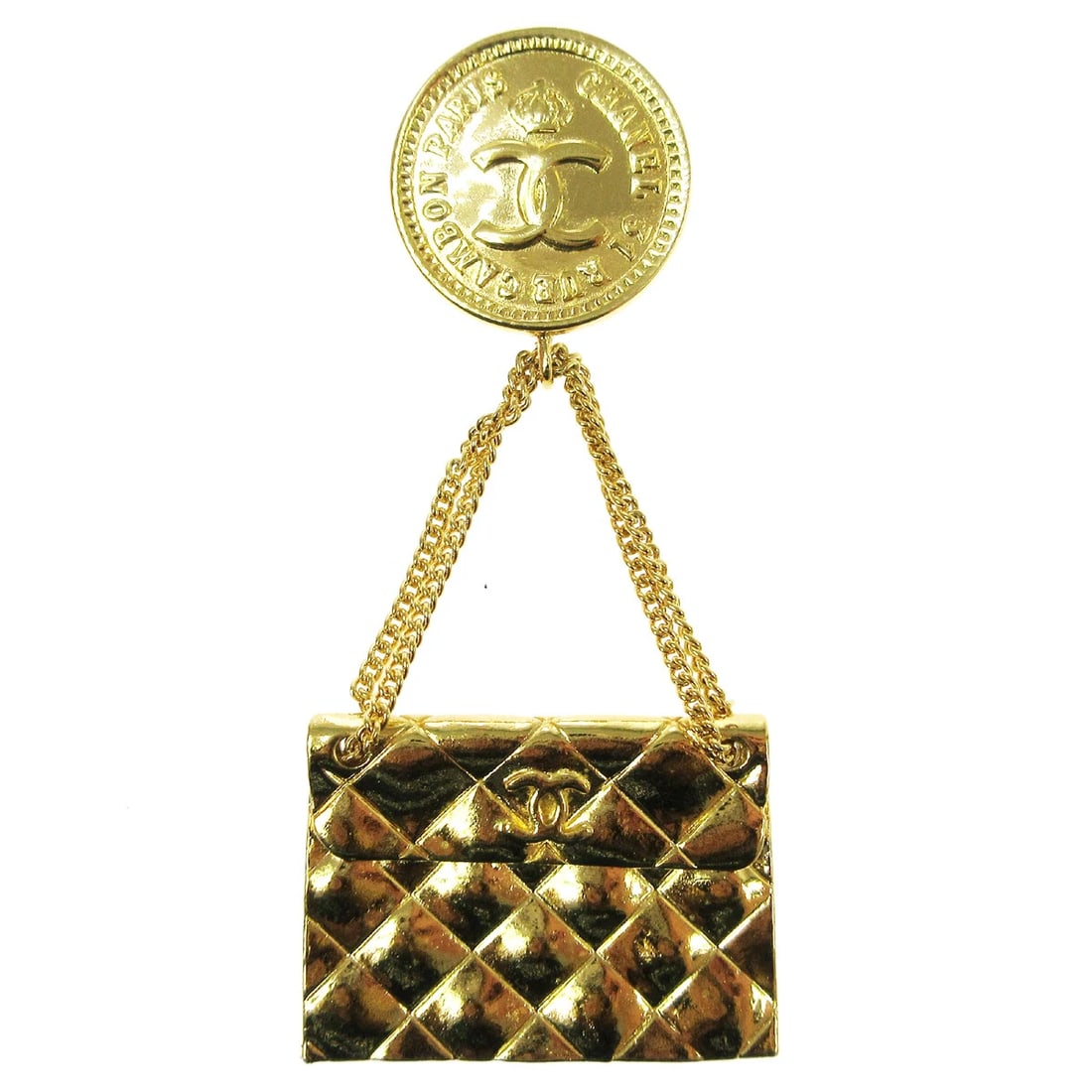 CHANEL BAG BROOCH PIN GOLD: Chanel Bag Brooch Pin Gold Brand: Chanel Type/Style: Brooch Material: Gold-tone, Color: Gold Size: W 3.5 x H 7.5 cm Accessories: None Accessories Notice: When purchasing pre-owned goods,