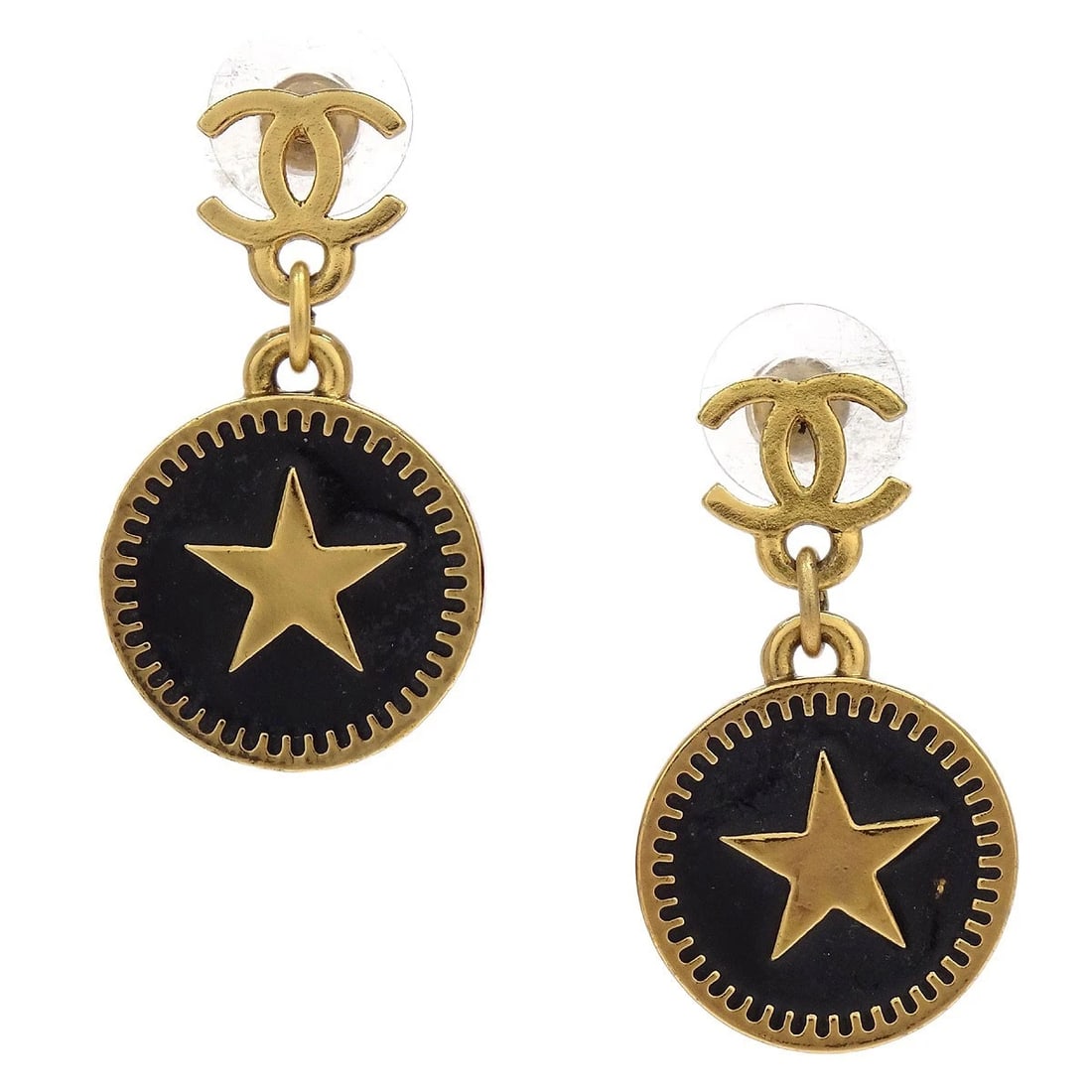CHANEL DANGLE CC BUTTON PIERCED EARRINGS: Chanel Dangle CC Button Pierced Earrings Brand: CHANEL Type/Style: Earrings Material: Gold Plated, Color: Gold Size: W 1.9 x H 3.0 cm Accessories: None Accessories Notice: When purchasing