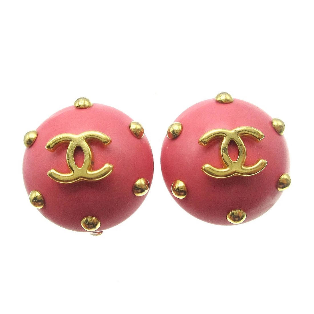 CHANEL STUDDED BUTTON EARRINGS CLIP-ON PINK: Chanel Studded Button Earrings Clip-On Pink Brand: Chanel Type/Style: Earrings Material: Gold-plated, Plastic, Color: Gold, Pink Size: Diameter : 1.7 cm Accessories: None Accessories Notice: