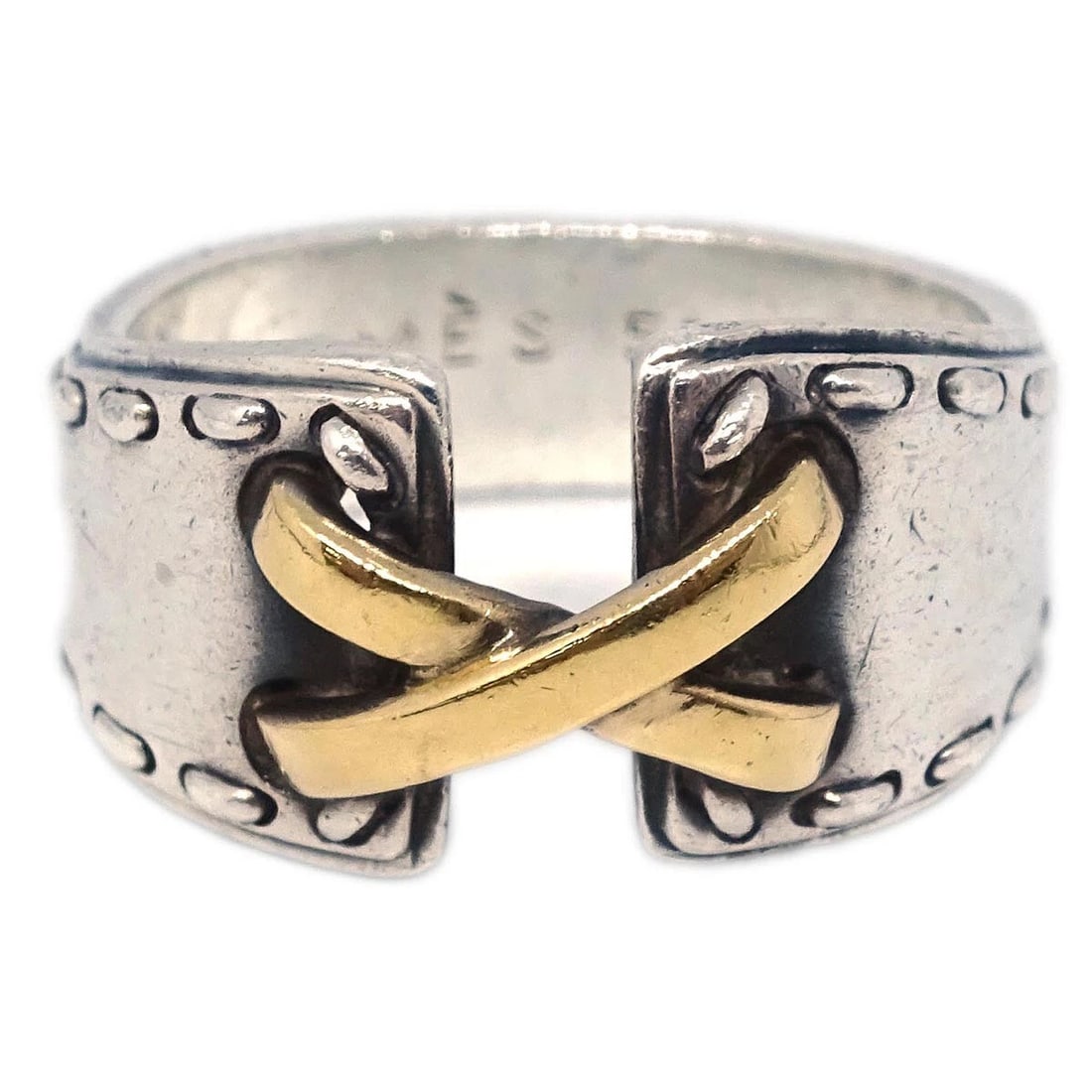 HERMES MEXICO RING 925 GOLD: Hermes Mexico Ring 925 Gold Brand: Hermes Type/Style: Ring Material: 18KYG, 925, Color: Silver, Gold Size: 5.5 - 5.75 US Accessories: None Accessories Notice: When purchasing pre-owned goods,