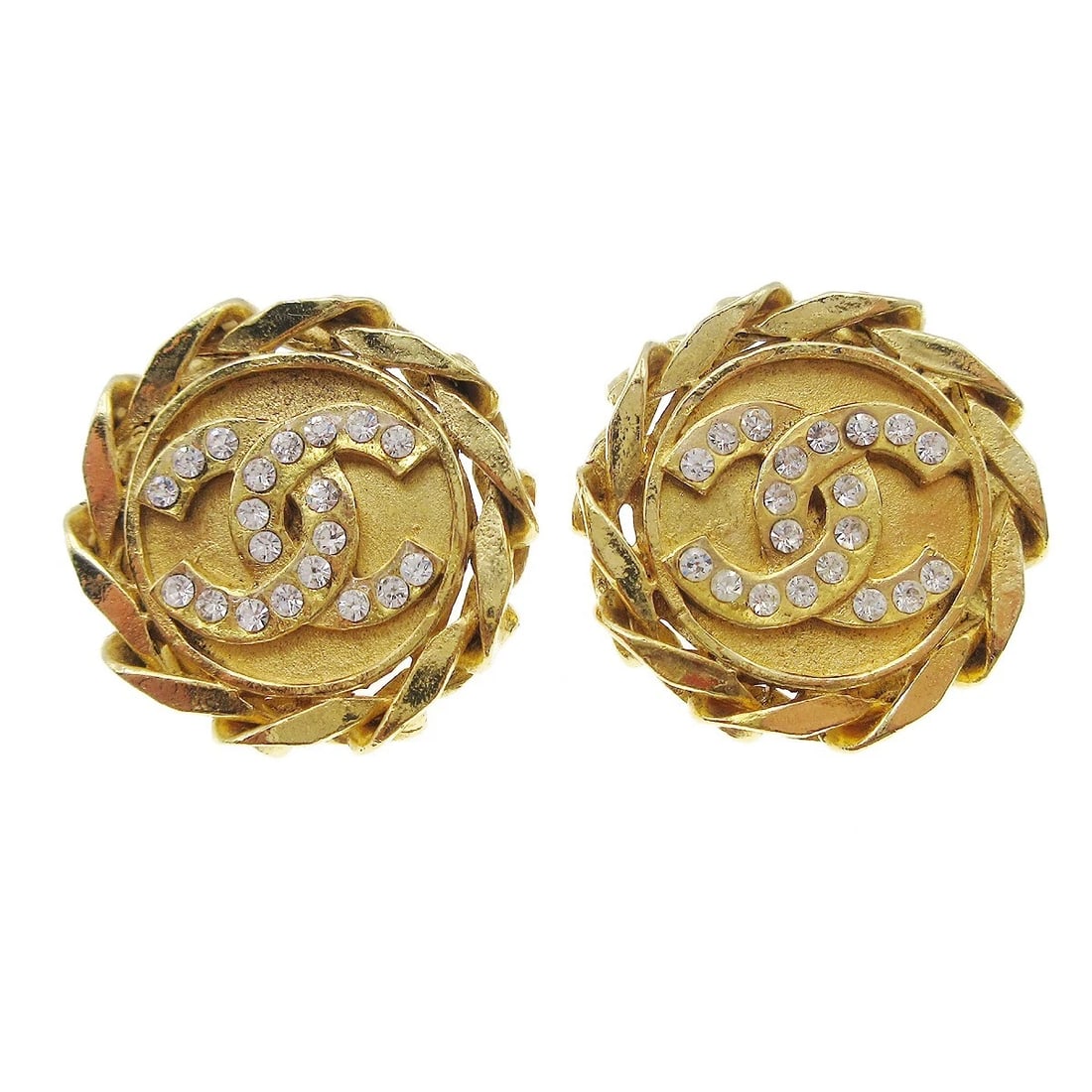 CHANEL BUTTON RHINESTONE EARRINGS CLIP-ON: Chanel Button Rhinestone Earrings Clip-On Brand: CHANEL Type/Style: Earrings Material: Gold Plated, Color: Gold Size: Diameter : 2.8 cm Accessories: None Accessories Notice: When purchasing