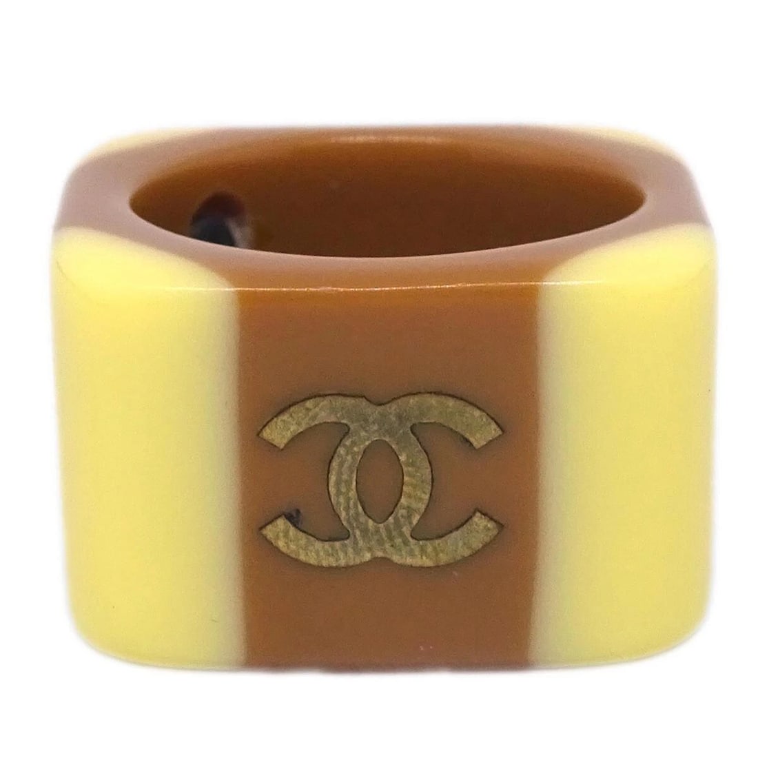 CHANEL RING ACRYLIC BROWN: Chanel Ring Acrylic Brown Brand: Chanel Type/Style: Ring Material: Acrylic, Color: Brown, Yellow Size: 6 US Accessories: None Accessories Notice: When purchasing pre-owned goods, please re