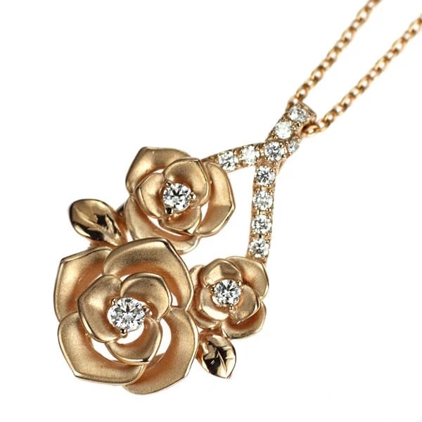 K18PG FLOWER ROSE DIAMOND PENDANT NECKLACE: K18PG Flower Rose Diamond Pendant Necklace Brand: None Type/Style: Pendant Necklace Material: Metal Purity K18, Metal Gold, Main Stone/Creation Natural Color: Pink Gold Size: Necklace: Chain