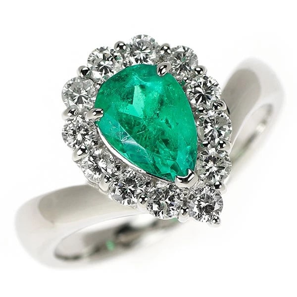 PT900 PEAR SHAPE EMERALD DIAMOND RING (1 of 2)