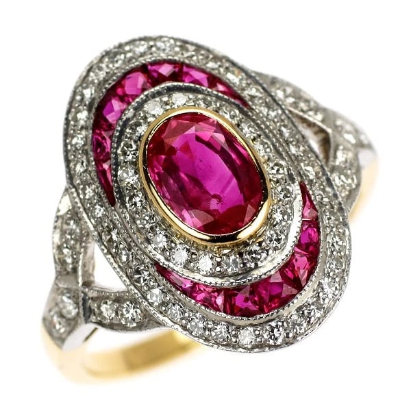 K18YG/WG OVAL/CALIBRE CUT PINK SAPPHIRE DIAMOND RING: K18YG/WG Oval/Calibre Cut Pink Sapphire Diamond Ring Brand: None Type/Style: Ring Material: Metal Purity K18, Metal Gold, Main Stone/Creation sapphires Color: None Size: 6.25 - 6.5 US 