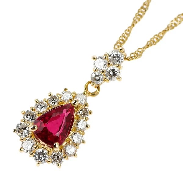 K18YG PEAR SHAPE RUBY DIAMOND PENDANT NECKLACE: K18YG Pear Shape Ruby Diamond Pendant Necklace Brand: None Type/Style: Pendant Necklace Material: Metal Purity K18, Metal Gold, Main Stone/Creation Ruby Color: None Size: Necklace: Chain