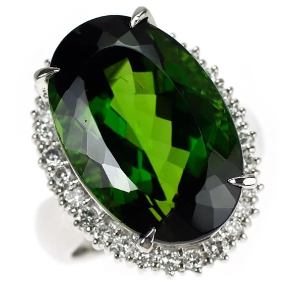 PT900 GREEN TOURMALINE DIAMOND RING: Pt900 green tourmaline diamond ring Brand: None Type/Style: Ring Material: Metal Purity None, Metal Pt900, Main Stone/Creation tourmaline Color: None Size: 7.75 - 8 US Accessories: None
