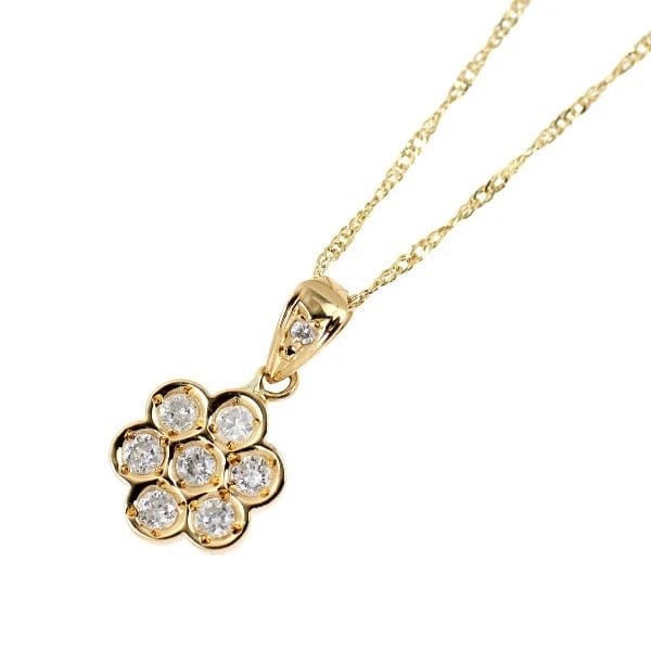 K18YG FLOWER DIAMOND PENDANT NECKLACE: K18YG flower diamond pendant necklace Brand: None Type/Style: Pendant Necklace Material: Metal Purity K18, Metal Gold, Main Stone/Creation Natural Color: None Size: Necklace: Chain Length 41 