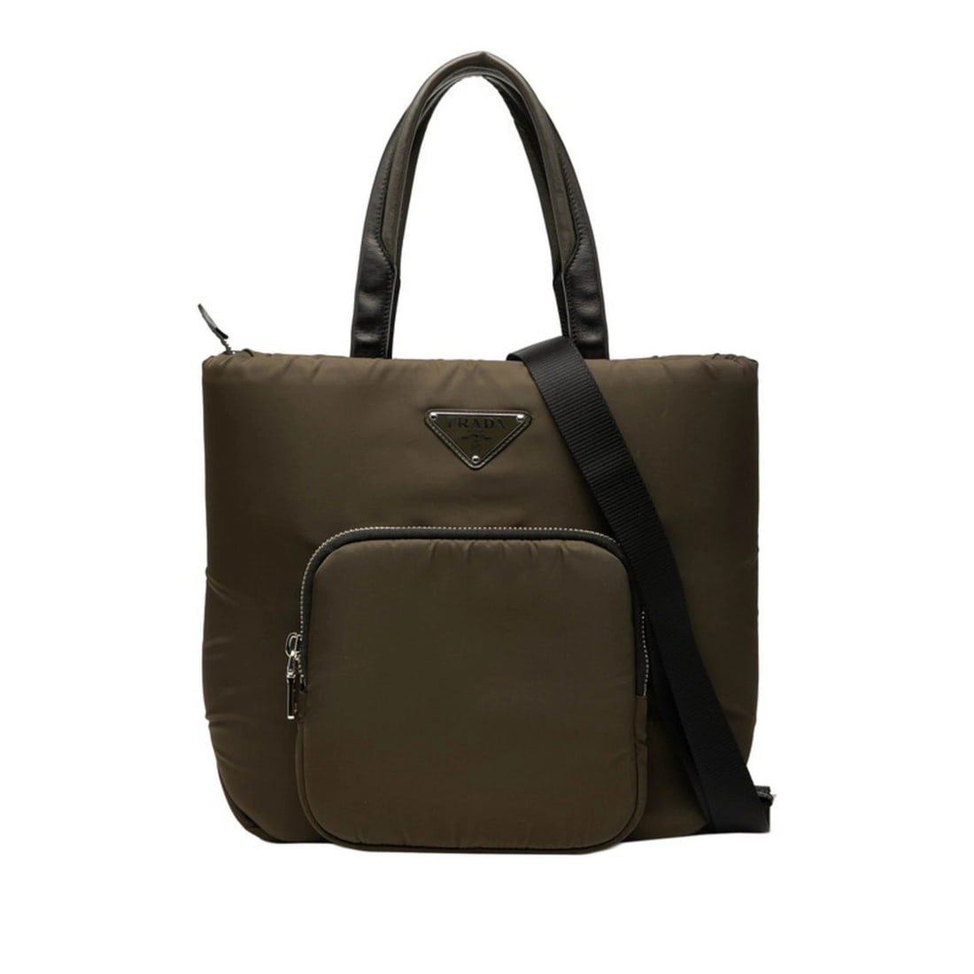 PRADA TRIANGLE LOGO PLATE TOTE BAG/SHOULDER BAG: Prada Triangle Logo Plate Tote Bag/Shoulder Bag Brand: Prada Type/Style: Shoulder bag, Tote bag Material: Nylon , Leather Color: Green, Khaki Size: Size (HxWxD) 28cm x 39cm x 12cm / 11.02'' x 15.3