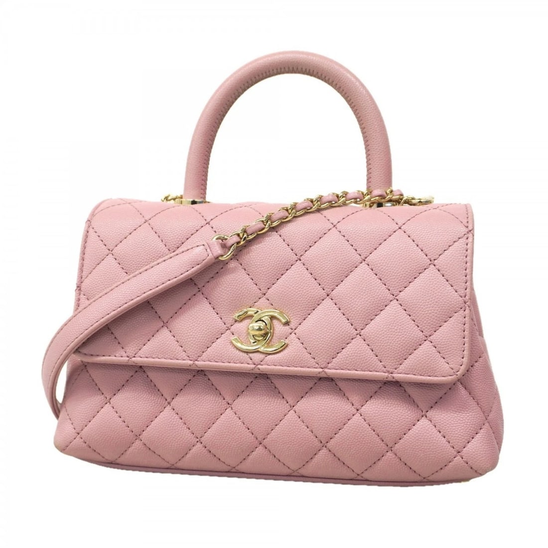 CHANEL HANDBAG CHAIN SHOULDER BAG COCO HANDLE: Chanel handbag chain shoulder bag Coco handle Brand: Chanel Type/Style: Handbag Material: Grained Calfskin Color: Pink Size: Size (HxWxD) 15cm x 23cm x 8.5cm / 5.9'' x 9.05'' x 3.34'' Accessories