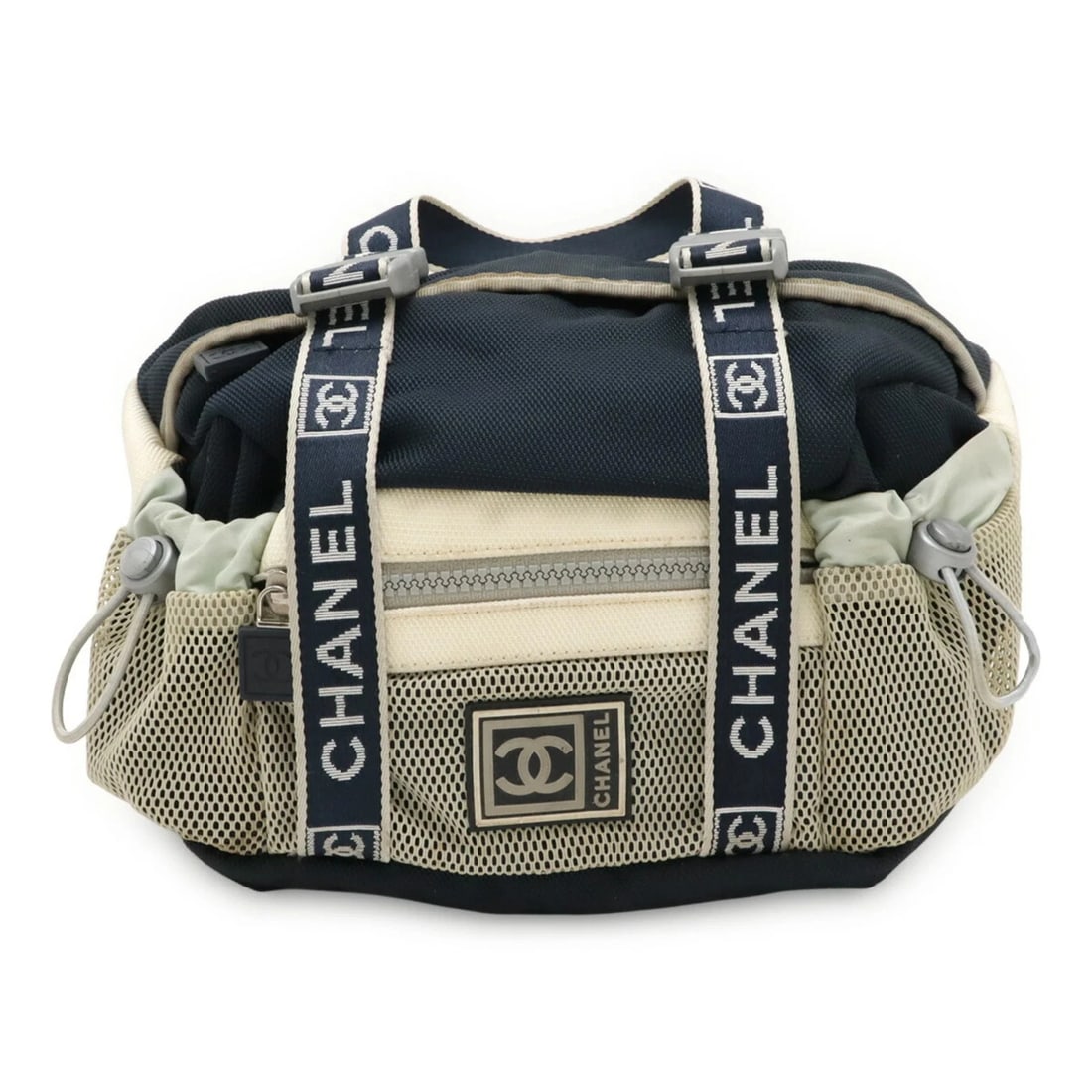 CHANEL SPORT LINE COCO MARK WAIST BAG BODY HANDBAG: CHANEL Sport Line Coco Mark Waist Bag Body Handbag Brand: Chanel Type/Style: Fanny pack, Handbag Material: Nylon canvas Color: Gray, Ivory, Navy Size: Size (HxWxD) 16.5cm x 26.5cm x 14cm / 6.49''