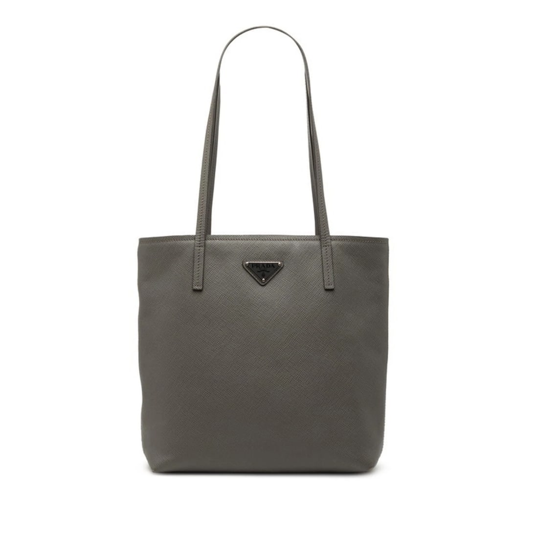 PRADA TRIANGLE LOGO PLATE TOTE BAG HANDBAG: Prada Triangle Logo Plate Tote Bag Handbag Brand: Prada Type/Style: Handbag, Tote bag Material: Leather Color: Gray Size: Size (HxWxD) 27cm x 26cm x 10.5cm / 10.62'' x 10.23'' x 4.13'' Accessorie