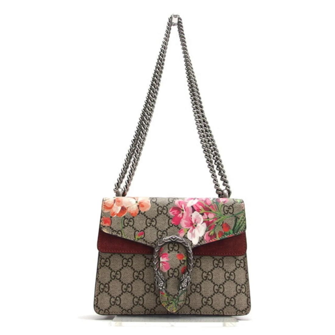GUCCI DIONYSUS GG SUPREME BLOOMS CHAIN SHOULDER BAG: Gucci Dionysus GG Supreme Blooms Chain Shoulder Bag Brand: Gucci Type/Style: Shoulder bag Material: Coated canvas , Suede Color: Beige, Bordeaux, Pink Size: Size (HxWxD) 15cm x 20cm x 4.5cm / 5.9'