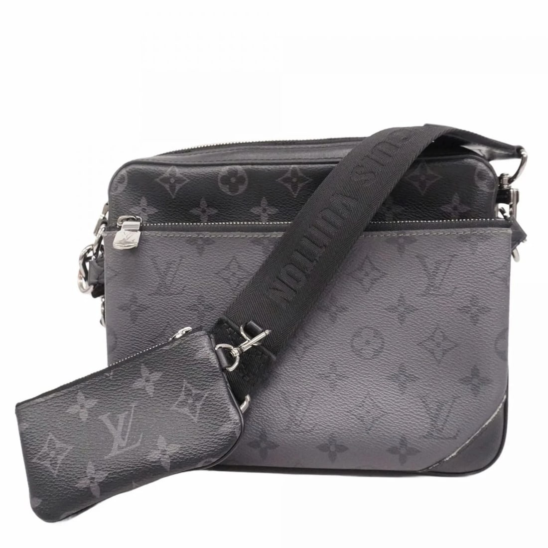 LOUIS VUITTON MONOGRAM ECLIPSE TRIO SHOULDER BAG BLACK/GREY: Louis Vuitton Monogram Eclipse Trio Shoulder Bag Black/Grey Brand: Louis Vuitton Type/Style: Shoulder bag Material: Monogram Color: Black, Gray Size: Size (HxWxD) 18cm x 24cm x 4.5cm / 7.08'' x 9.