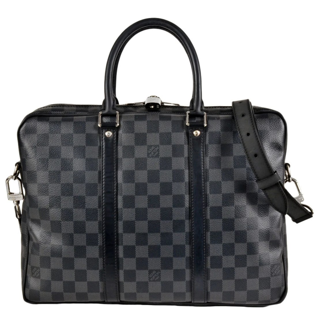 LOUIS VUITTON PORTE-DOCUMENT VOYAGE PM BUSINESS BAG: Louis Vuitton Porte-Document Voyage PM Business Bag Brand: Louis Vuitton Type/Style: Briefcase, Handbag Material: Damier Graphite Color: Black, Damier Graphite Size: Size (HxWxD) 27cm x 36cm x 6cm