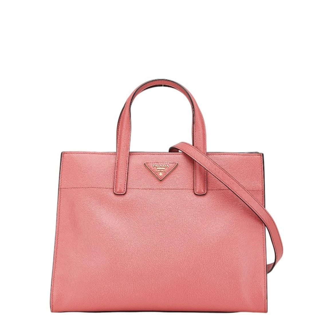 PRADA SAFFIANO TRIANGLE LOGO PLATE HANDBAG/SHOULDER BAG: Prada Saffiano Triangle Logo Plate Handbag/Shoulder Bag Brand: Prada Type/Style: Handbag, Shoulder bag Material: Leather Color: Pink Size: Size (HxWxD) 22cm x 30.5cm x 14cm / 8.66'' x 12'' x 5.51'