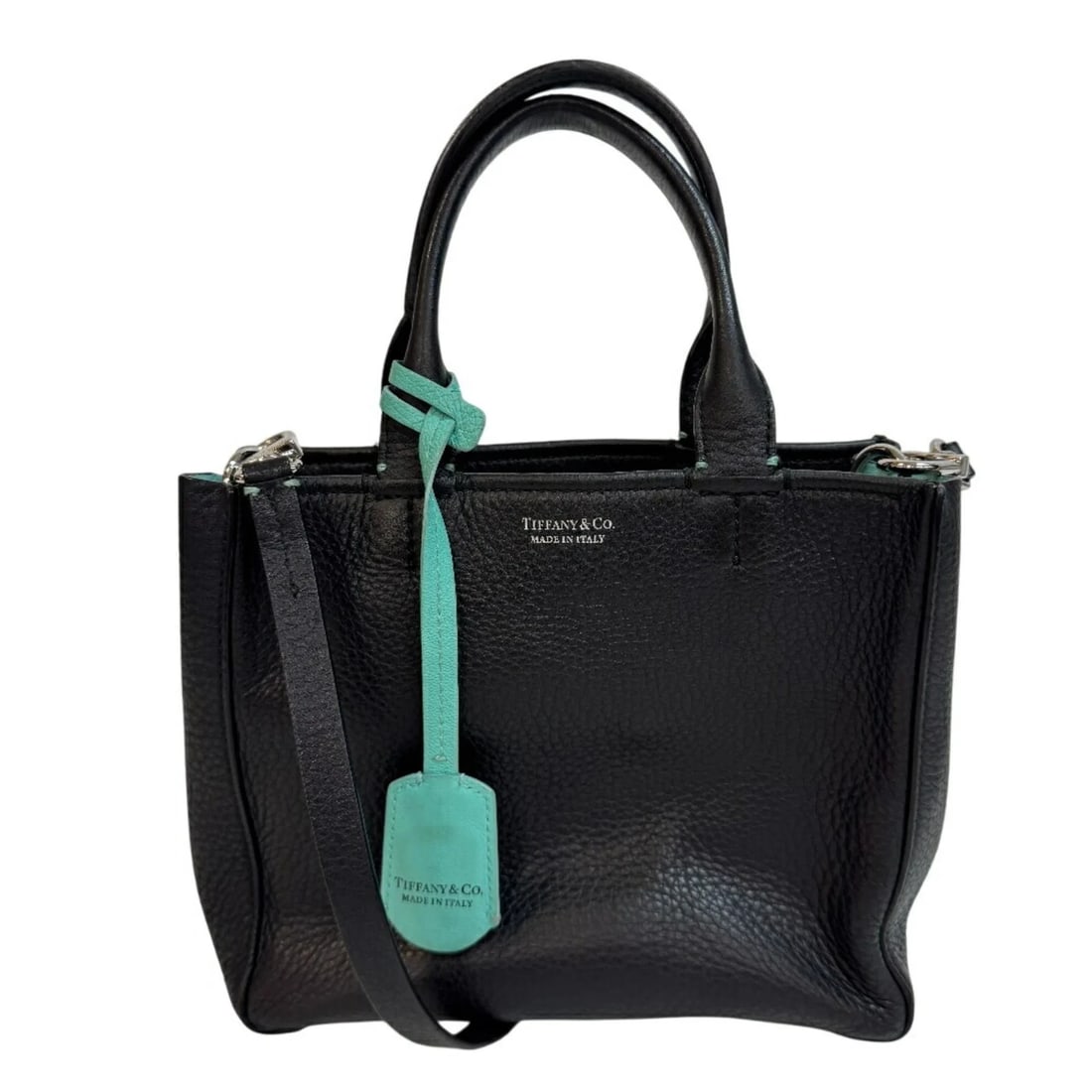 TIFFANY & CO. TIFFANY MICRO TOTE MINI HANDBAG SHOULDER BAG: TIFFANY & Co. Tiffany Micro Tote Mini Handbag Shoulder Bag Brand: Tiffany Type/Style: Handbag, Shoulder bag Material: Leather Color: Black, Tiffany blue Size: Size (HxWxD) 17cm x 21cm x 8.5cm