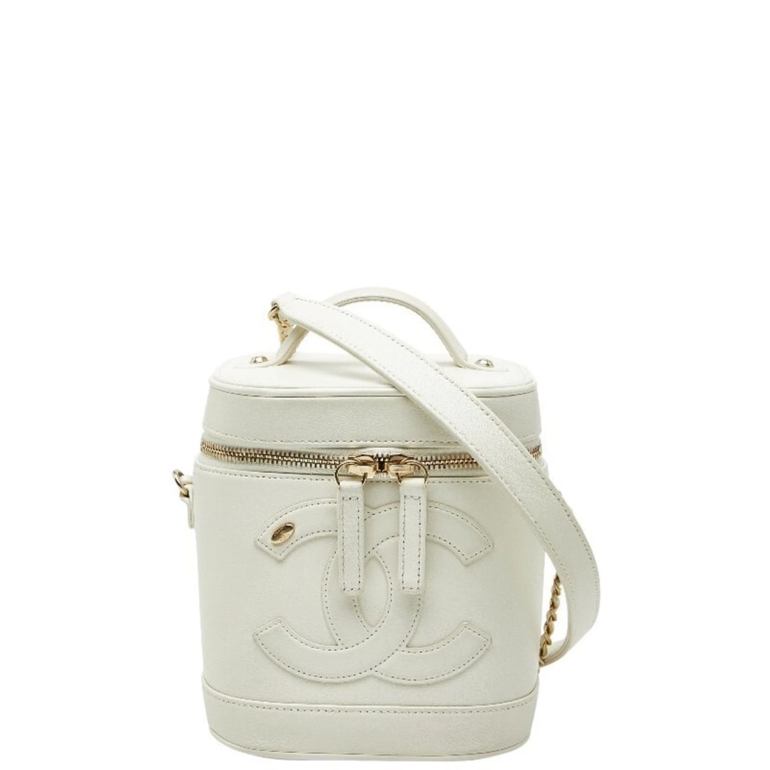 CHANEL COCO MARK VANITY BAG CHAIN SHOULDER: Chanel Coco Mark Vanity Bag Chain Shoulder Brand: Chanel Type/Style: Shoulder bag, Vanity bag Material: Leather Color: Gold, White Size: Size (HxWxD) 15.5cm x 14.5cm x 12cm / 6.1'' x 5.7'' x 4.72'