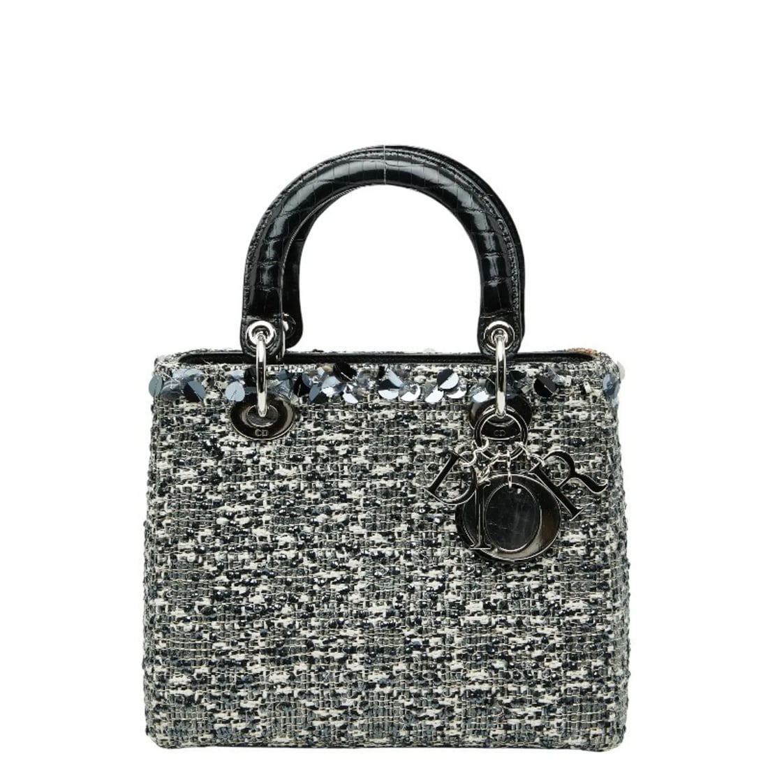 CHRISTIAN DIOR BEJEWELED LADY MEDIUM HANDBAG: Christian Dior Bejeweled Lady Medium Handbag Brand: Christian Dior Type/Style: Handbag Material: Tweed , Leather Color: Black, Multi-color Size: Size (HxWxD) 20cm x 23cm x 12cm / 7.87'' x 9.05'' x