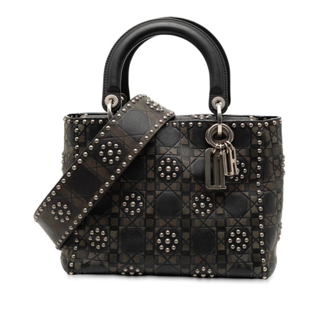 CHRISTIAN DIOR DIOR CANNAGE LADY STUD HANDBAG: Christian Dior Dior Cannage Lady Stud Handbag Brand: Christian Dior Type/Style: Handbag, Shoulder bag Material: Leather Color: Black, Gray Size: Size (HxWxD) 19cm x 23.5cm x 12cm / 7.48'' x 9.25''