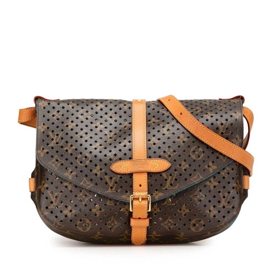 LOUIS VUITTON MONOGRAM PERFORATED SAUMUR 30 SHOULDER BAG: Louis Vuitton Monogram Perforated Saumur 30 Shoulder Bag Brand: Louis Vuitton Type/Style: Shoulder bag Material: PVC , Leather Color: Brown, Turquoise Size: Size (HxWxD) 20cm x 30cm x 14cm / 7.87'