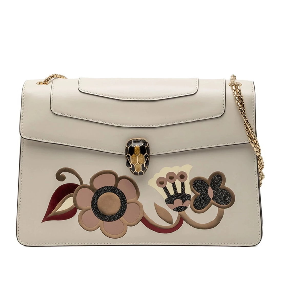 BVLGARI SERPENTI FOREVER FLORA CHAIN SHOULDER BAG: BVLGARI Serpenti Forever Flora Chain Shoulder Bag Brand: Bvlgari Type/Style: Shoulder bag Material: Leather Color: Multi-color, White Size: Size (HxWxD) 18cm x 27cm x 7cm / 7.08'' x 10.62'' x