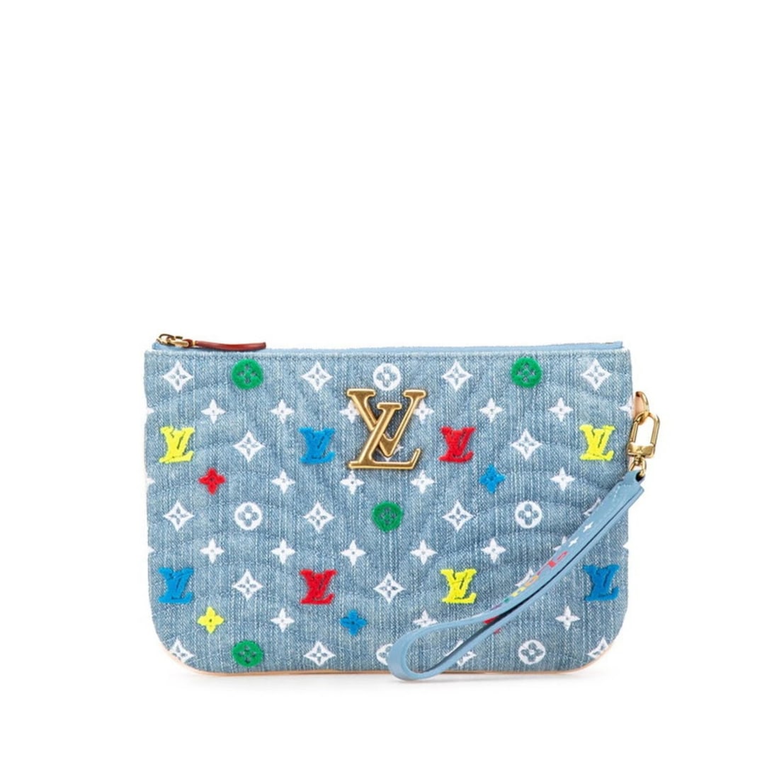 LOUIS VUITTON MONOGRAM NEW WAVE POCHETTE ZIP SHOULDER BAG: Louis Vuitton Monogram New Wave Pochette Zip Shoulder Bag Brand: Louis Vuitton Type/Style: Pochette, Shoulder bag Material: Denim , Leather Color: Blue, Multi-color Size: Size (HxWxD) 16cm x