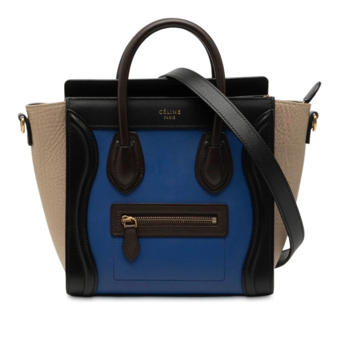 CELINE LUGGAGE NANO SHOPPER TRICOLOR HANDBAG/: Celine Luggage Nano Shopper Tricolor Handbag/ Brand: Celine Type/Style: Handbag, Shoulder bag Material: Leather Color: Black, Blue, Multi-color Size: Size (HxWxD) 20cm x 27.5cm x 9cm / 7.87''