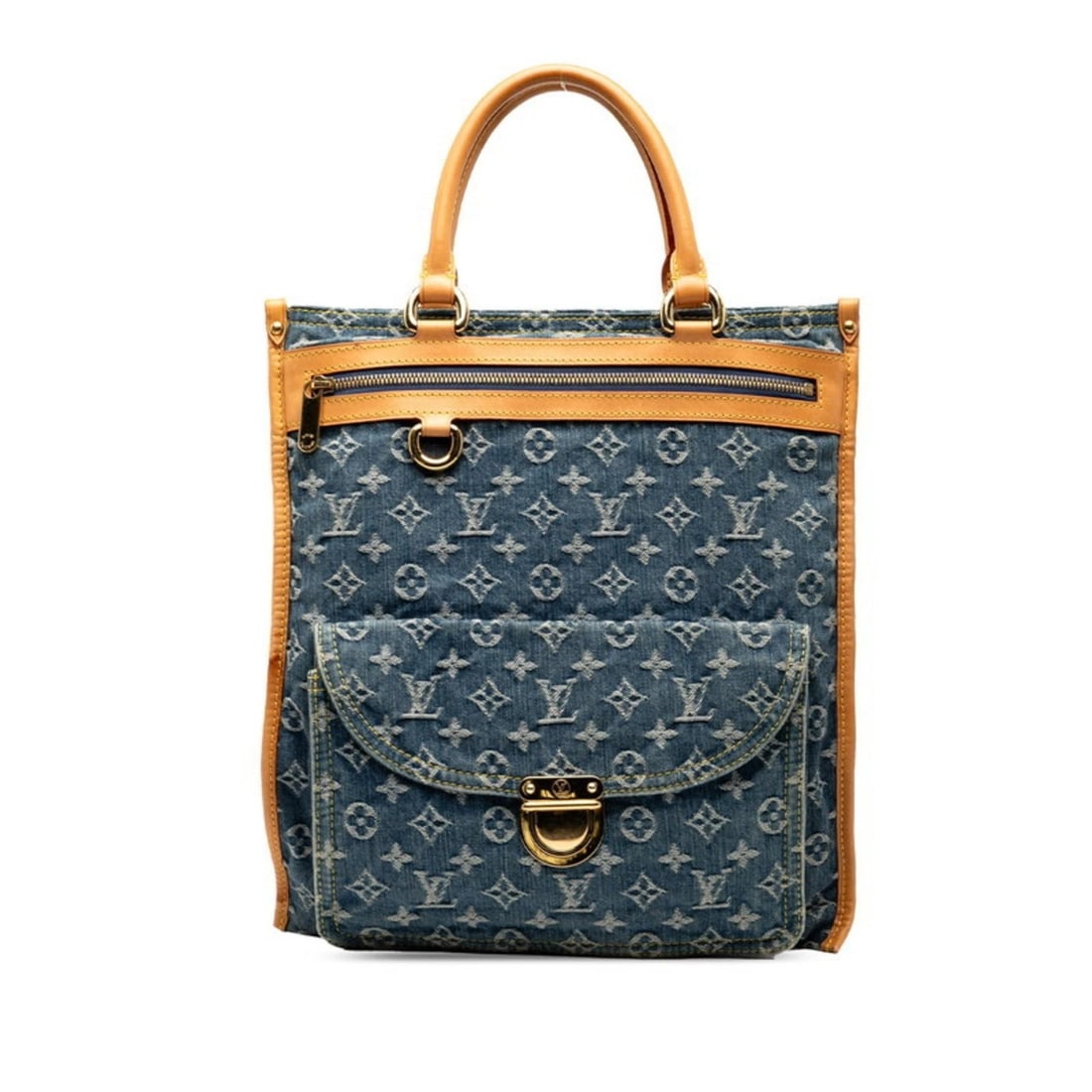LOUIS VUITTON MONOGRAM DENIM FLAT SHOPPER HANDBAG TOTE BAG: Louis Vuitton Monogram Denim Flat Shopper Handbag Tote Bag Brand: Louis Vuitton Type/Style: Handbag, Tote bag Material: Canvas , Leather Color: Monogram Denim Size: Size (HxWxD) 36.5cm x 33cm