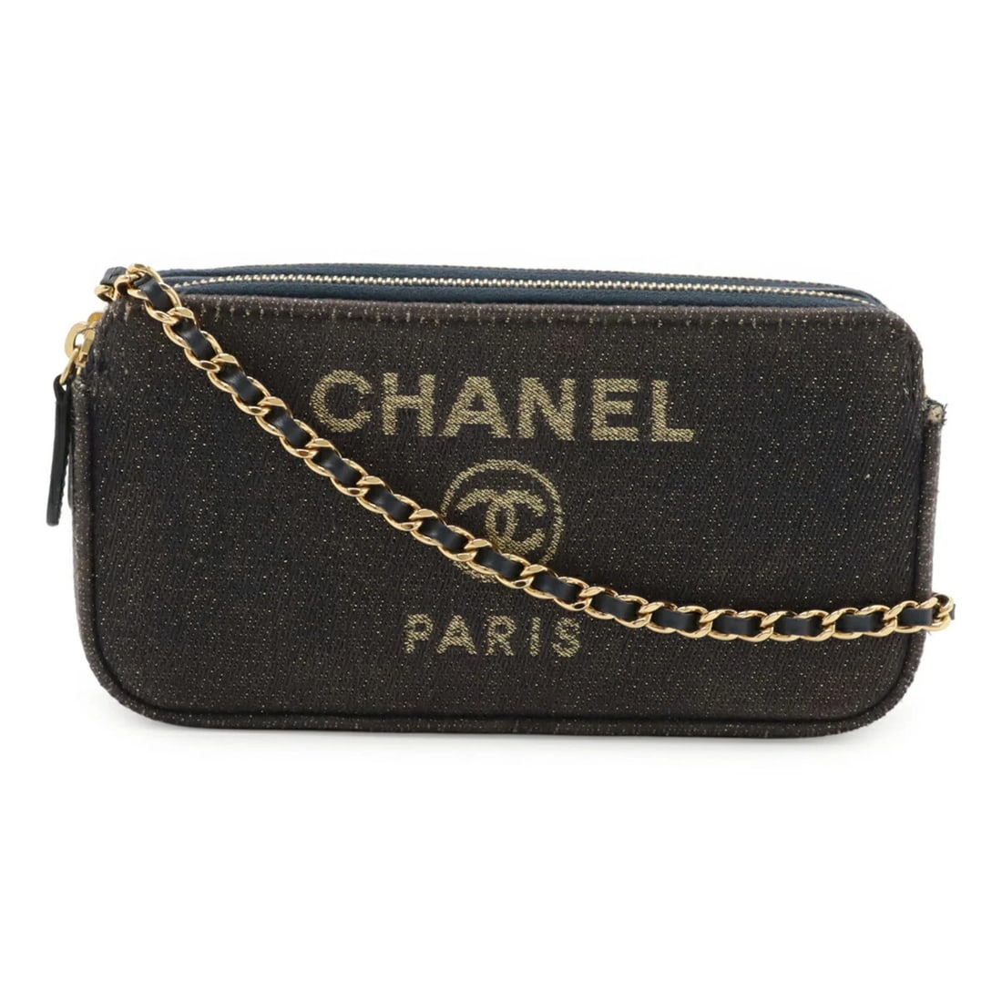 CHANEL DEAUVILLE CHAIN WALLET LONG CLUTCH SHOULDER BAG: CHANEL Deauville Chain Wallet Long Clutch Shoulder Bag Brand: Chanel Type/Style: Pochette, Shoulder bag Material: Canvas , Leather Color: Gold, Navy Size: Size (HxWxD) 10cm x 19cm x 3.5cm / 3.93''
