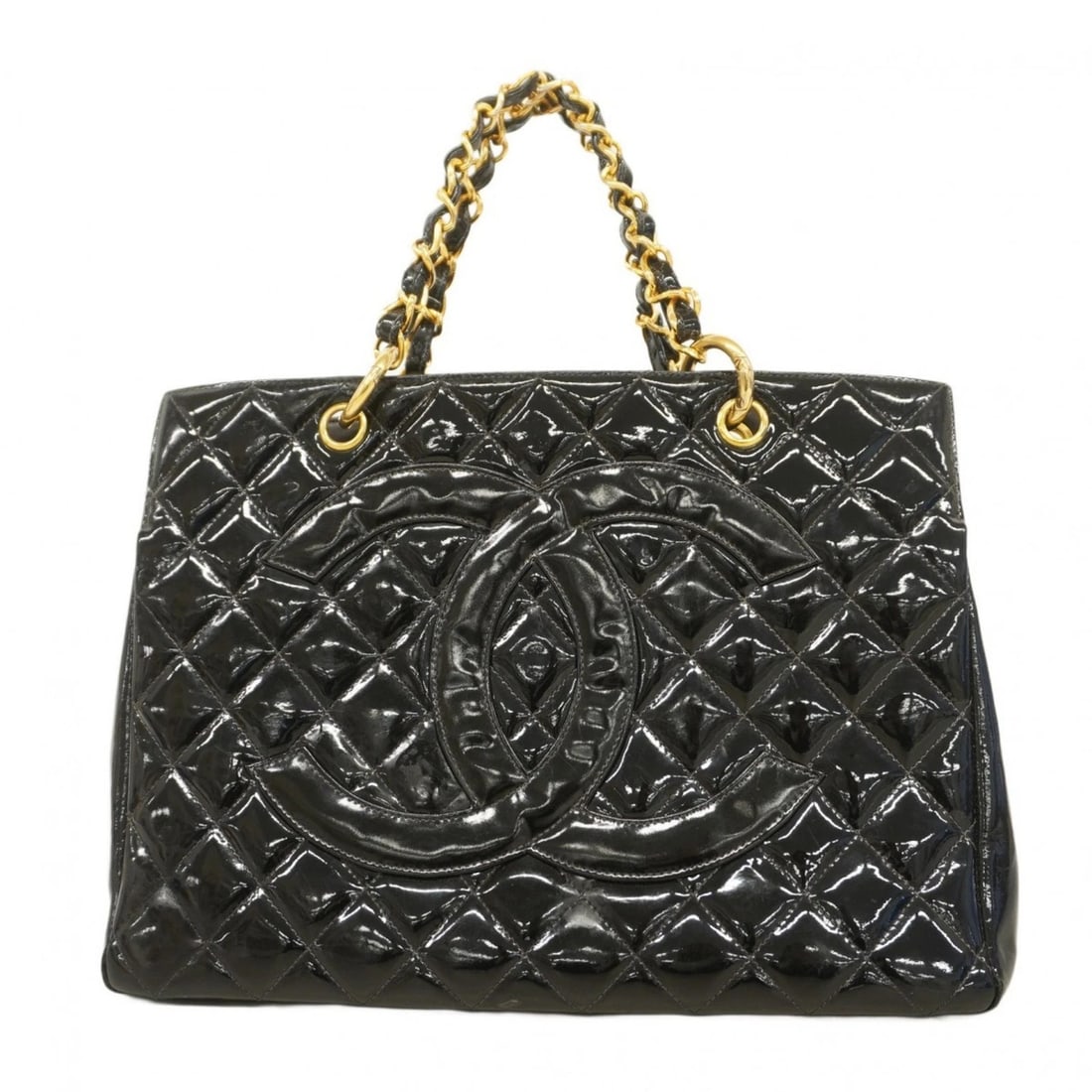 CHANEL CHAIN TOTE MATELASSE PATENT LEATHER BLACK WOMEN'S (1 of 10)