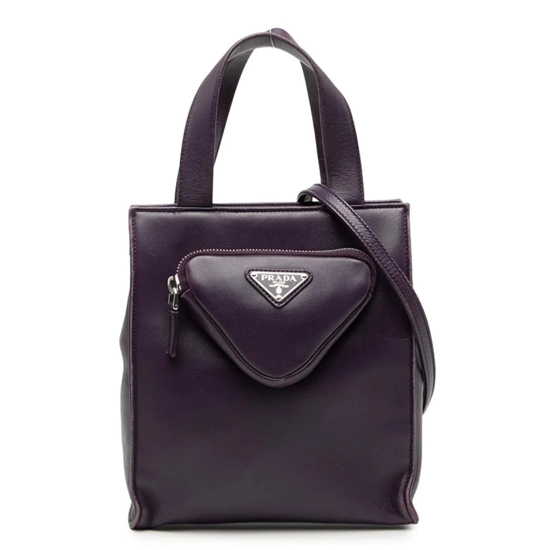 PRADA TRIANGLE LOGO PLATE TOTE BAG/SHOULDER BAG: Prada Triangle Logo Plate Tote Bag/Shoulder Bag Brand: Prada Type/Style: Shoulder bag, Tote bag Material: Leather Color: Purple Size: Size (HxWxD) 22cm x 19.5cm x 6cm / 8.66'' x 7.67'' x 2.36'' A