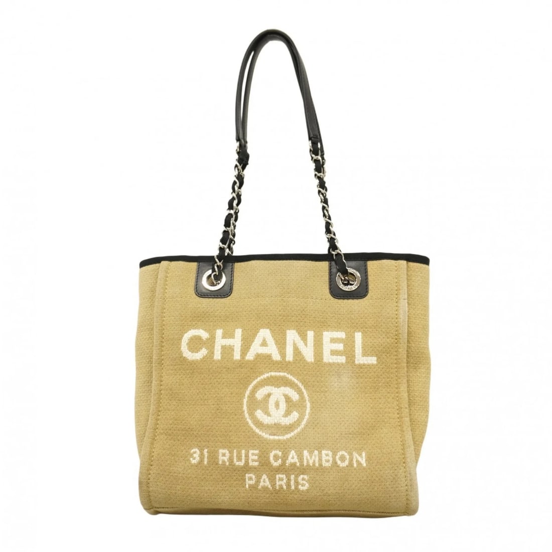 CHANEL DEAUVILLE CANVAS CHAIN TOTE BAG: Chanel Deauville Canvas Chain Tote Bag Brand: Chanel Type/Style: Tote bag Material: Canvas Color: Beige, Black, White Size: Size (HxWxD) 27cm x 26cm x 10cm / 10.62'' x 10.23'' x 3.93'' Accessorie