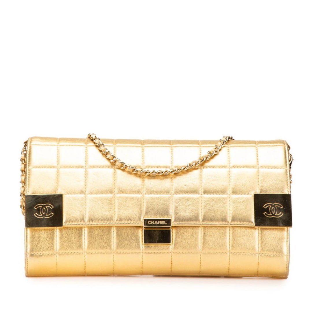 CHANEL CHOCOBAR COCO MARK CHAIN SHOULDER BAG: Chanel Chocobar Coco Mark Chain Shoulder Bag Brand: Chanel Type/Style: Shoulder bag Material: Leather Color: Gold Size: Size (HxWxD) 16cm x 28cm x 4.5cm / 6.29'' x 11.02'' x 1.77'' 