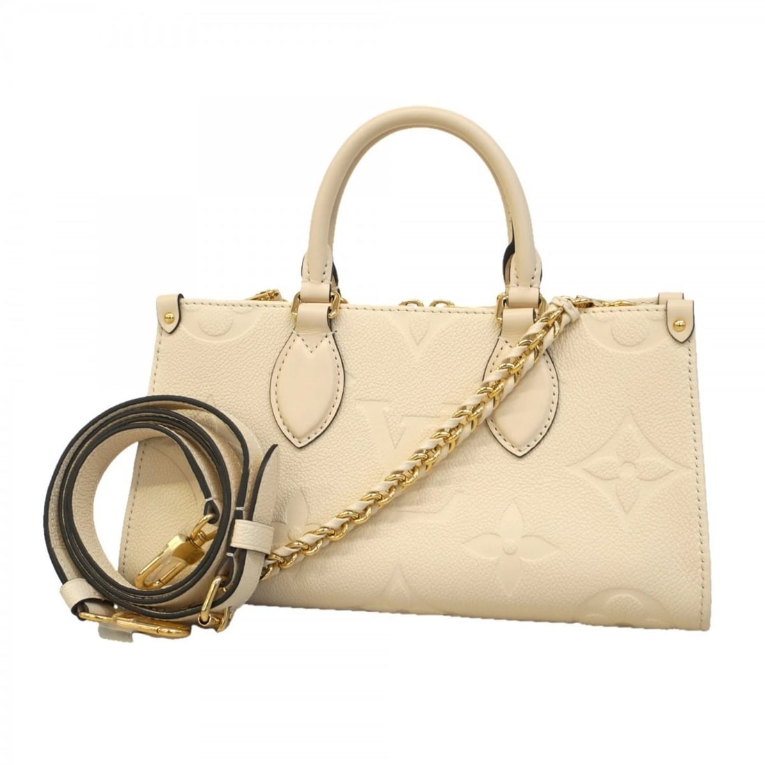 LOUIS VUITTON MONOGRAM EMPREINTE ON-THE-GO HANDBAG: Louis Vuitton Monogram Empreinte On-the-Go Handbag Brand: Louis Vuitton Type/Style: Handbag Material: Monogram Color: Cream Size: Size (HxWxD) 15cm x 26.7cm x 11cm / 5.9'' x 10.51'' x 4.33'' 